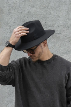 Мужская Шляпа Fedora Черная С Лентой - (364885)