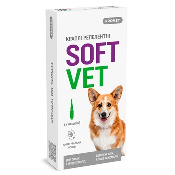 Капли для собак Provet Softvet репеллентные от блох и клещей 4 пипетки по 1 мл (MLZ11596)