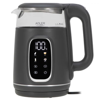 Чайник електричний скляний Adler AD 1305 Grey-Silver 2.2 кВт дисковий з контролем температури та LED дисплеєм 1,7 л
