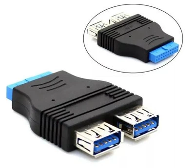 Адаптер перехідник внутрішній 20 Pin -> 2x порту USB 3.0 з внутрішнім роз'ємом 19/20P (мама) для материнської плати комп'ютера Чорний