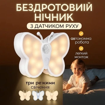 Світлодіодний нічник-бра "Метелик" з датчиком руху | Автономне освітлення для дому