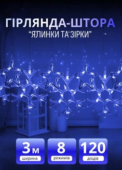 Гірлянда штора на вікно "Сніжинки та зірки" 3х0.9 (м) 145 LED новорічна гірлянда Синє світло