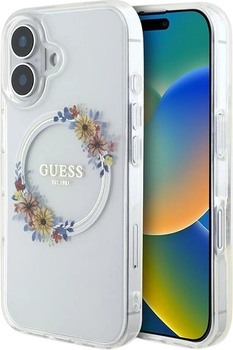 Etui Guess IML Flowers Wreath MagSafe do Apple iPhone 16 Transparent (GUHMP16SHFWFCT)