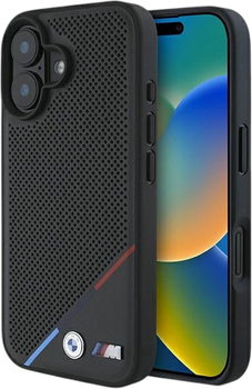 Etui plecki BMW M Perforated Tricolor Line MagSafe do Apple iPhone 16 Black (BMHMP16S23PUPDK)