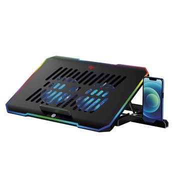 Подставка для ноутбука охлаждающая с RGB подсветкой, 2 вентилятора+ подставка для телефона, черная Havit HV-F2069