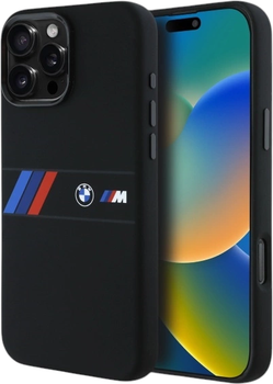 Etui plecki BMW Silicone Middle Stripe MagSafe do Apple iPhone 16 Pro Max Black (BMHMP16X23SAXK)