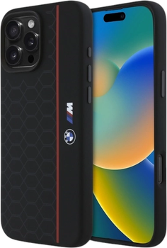 Etui plecki BMW Silicone Hexagon Red Line MagSafe do Apple iPhone 16 Pro Max Black (BMHMP16X23SHER)