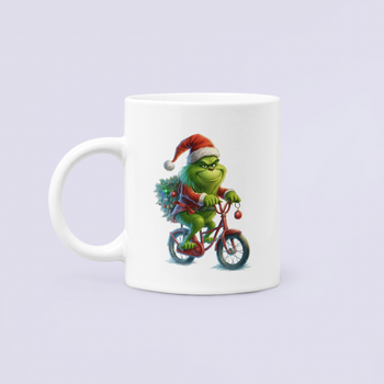 Чашка Керамическая Кружка с принтом Grinch Гринч на велосипеде Рождество Белая 330 мл