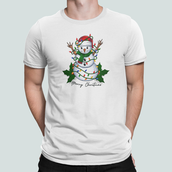 Мужская Новогодняя футболка Stedman с принтом Merry Christmas Снеговик с гирляндой Белый XL