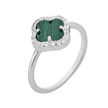 Кольцо серебряное Клевер с им.малахита и фианитами Silver Style 17 р. (112128.80 sku:2300103143580)
