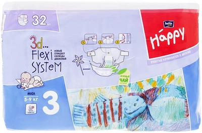 Детские подгузники "Happy" Midi 3 (5-9 кг, 32 шт) - Bella Baby 32шт (1004798-1305502-2)
