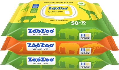 Упаковка вологого туалетного паперу ZooZoo Aloe 60 аркушів х 3 шт (4820183974525)