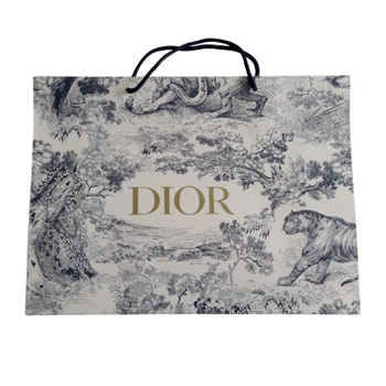 Пакет білий Dior з малюнком Toile de Jouy тигри і ліс, золотий напис, чорні мотузкові ручки, преміальний картонний пакет для