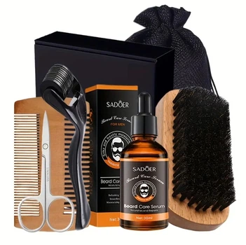 Набір для бороди та вусів Sadoer Beard Kit 6 в 1 чоловічий комплект для росту та догляду за бородой і вусами косметика з сироваткою маслом щіткою дерморолером гребінцем мішком подарунковий набір для укладення та зміцнення волос бороди