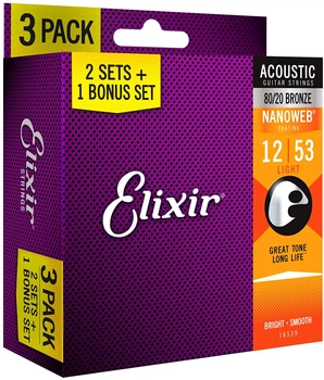 Струны для акустической гитары Elixir 3 Pack 16539 Nanoweb 80/20 Bronze Light Acoustic Guitar Strings 12/53