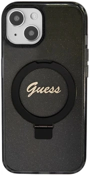 Etui plecki Guess Ring Stand Script Glitter MagSafe do Apple iPhone 15 Plus/14 Plus Black (3666339156336)