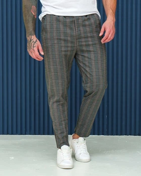 Штаны slim-fit мужские классические в клетку S серые (J0021)
