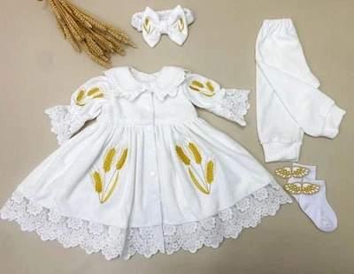 Комплект детской одежды для девочки Family Tradition велюр с кружевом и вышивкой 80 белый Золотая осень