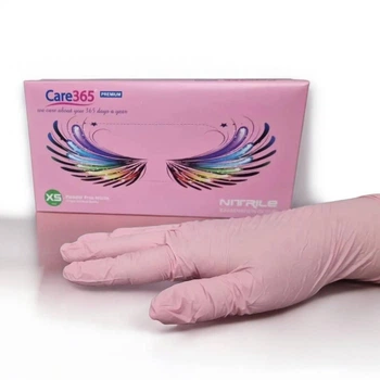 Перчатки нитриловые CARE 365 без пудры, размер XS, 100 штук одноразовые розовые медицинские