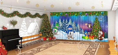 Новогодние Фото Шторы в детский сад PHOTODECOR "Новогодняя сказка и снеговики"
