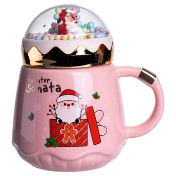 Чашка фарфоровая с крышкой Christmas 400 (мл) Розовый Yiwu FM-CS-41C