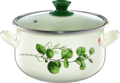 Каструля Emalia Olkusz Eukaliptus емальована з кришкою Біло-зелена 18 см 3.1 л (5904134230225)
