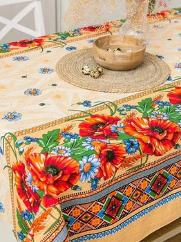 Скатертина лляна 150х110 Бежевий Маки (Д-am-skatert-N-016)