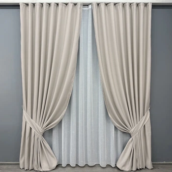 Комплект штор VR-Textil рогожка преміум TERRA LUXE 200х270 2шт і Тюль 500х270 1859ш-115т попелястий з білим 71-077/6