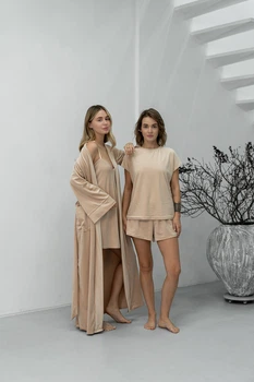 Комплект женский четверка халат рубашка футболка шорты Jessica Collection L-XL бежевый