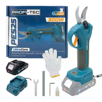 Акумуляторний секатор PROFI-TEC PES25 (20 В, безщітковий двигун, різ 15 / 25 мм, 152 різ/хв) 1×PT2020MP (2.0 Aг), ЗП BC15V, коробка (007644)