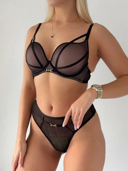 Комплект нижнего белья из тонкой микросетки 354k 90C-XXL Черный с бежевым