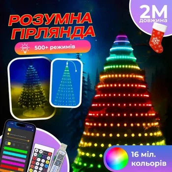 Умная гирлянда Smart 200 LED длина 2 м управление со смартфона прозрачная нить мультиколор светодиодная гирлянда для дома улицы новогодний праздничный декор