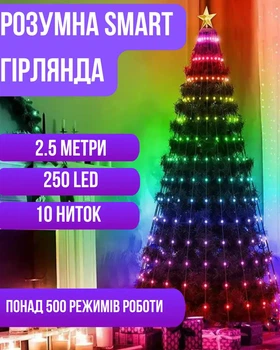 Розумна гірлянда Smart 250 LED довжина 2,5 м з керуванням смартфона прозора, мультиколор
