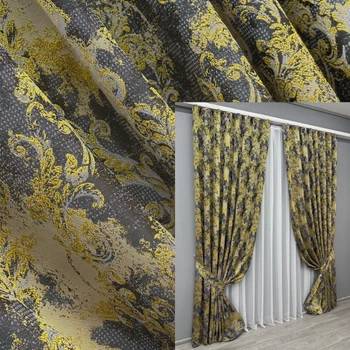 Комплект готових штор VR-Textil Льон Преміум № 1834ш Сірий з жовтим 150х295 см 2 шт (33-0826)