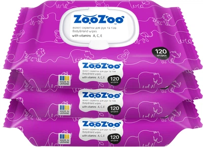Упаковка вологих серветок ZooZoo Вітаміни для рук та тіла 120 шт х 3 пачки (4820183973856)