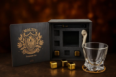 Подарочный набор для виски Moltis Premium Quadro — бокал, щипцы, мешочек, подставка и 5 охлаждающих кубиков (MR-1023) 10060