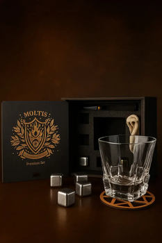 Подарочный набор для виски Moltis Premium Saxum — бокал, щипцы, мешочек, подставка и 5 охлаждающих кубиков (MR-1022) 10059
