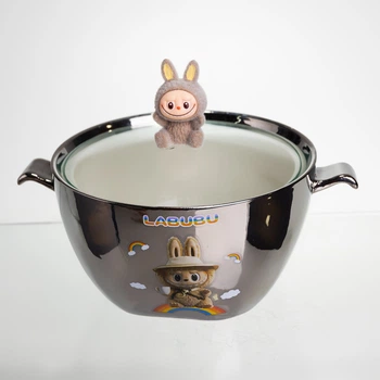 Бульонница фарфоровая Labubu с крышкой и ручками 800 (мл) Ø15 (см) детская тарелка для супа и лапши Серебристый с коричневым
