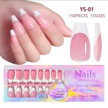 Гелевые типсы для наращивания Soft Gel с французским маникюром Балерина L глянцевые 150 шт розовые с белым френчем (001)