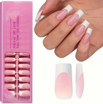 Гелевые типсы для наращивания Soft Gel с французским маникюром глянцевые квадрат L 150 шт розовые с белым френчем (016)