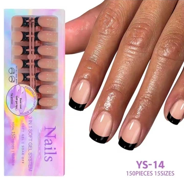 Гелевые типсы для наращивания с французским маникюром Soft Gel глянцевые короткий квадрат S 150 шт бежевые с чёрым френчем (014)