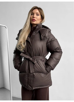 Пуховик теплий подовжений під пояс силіконовий Modern Boutique шоколадний, XS ПУХ116/6