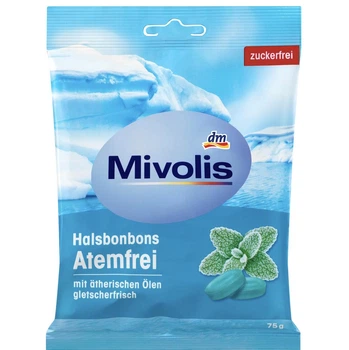 Пастилки для горла з ментолом та олією перцевої мʼяти Mivolis Bonbon Atemfrei zuckerfrei 75 г