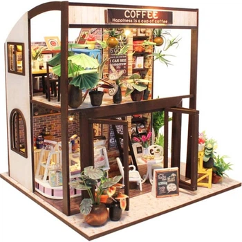 3D Румбокс Coffee Cafe миниатюрное двухэтажное кафе для творческой сборки конструктор кукольного домика с мебелью и деталями интерьера (AA0036)
