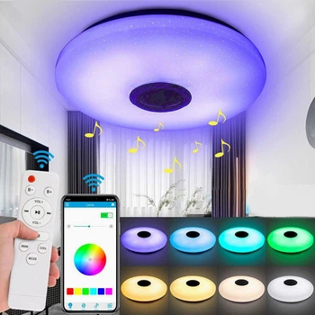 Потолочный RGB светильник 60Вт 38см с Bluetooth колонкой и пультом 220240В белый пластик