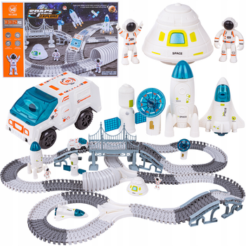Детский автотрек Space Explore на 332 деталей включает в себя гибкий трек и космический аппарат с аксессуарами