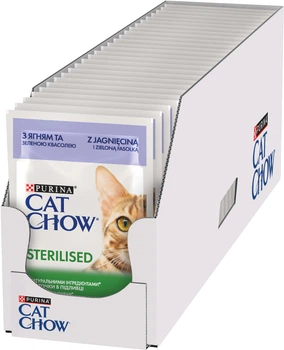 Упаковка влажного корма для взрослых стерилизованных кошек Purina Cat Chow Sterilised с ягненком и зеленой фасолью 85 г х 26 шт (7613039853863)