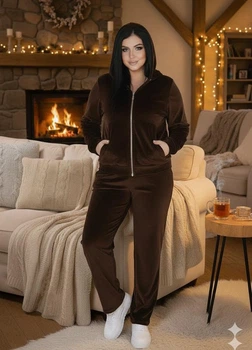 Велюровый спортивный костюм на молнии с капюшоном Q4139 L-XL (50-52) Коричневый