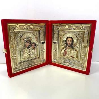 Икона складень в бархате с ликами Пресвятой Богородицы и Спасителя 27,5×25 см