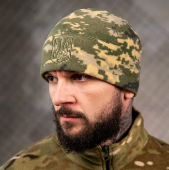 Військова шапка чоловіча зимова на флісі з тризубом піксель розмір 56-58
